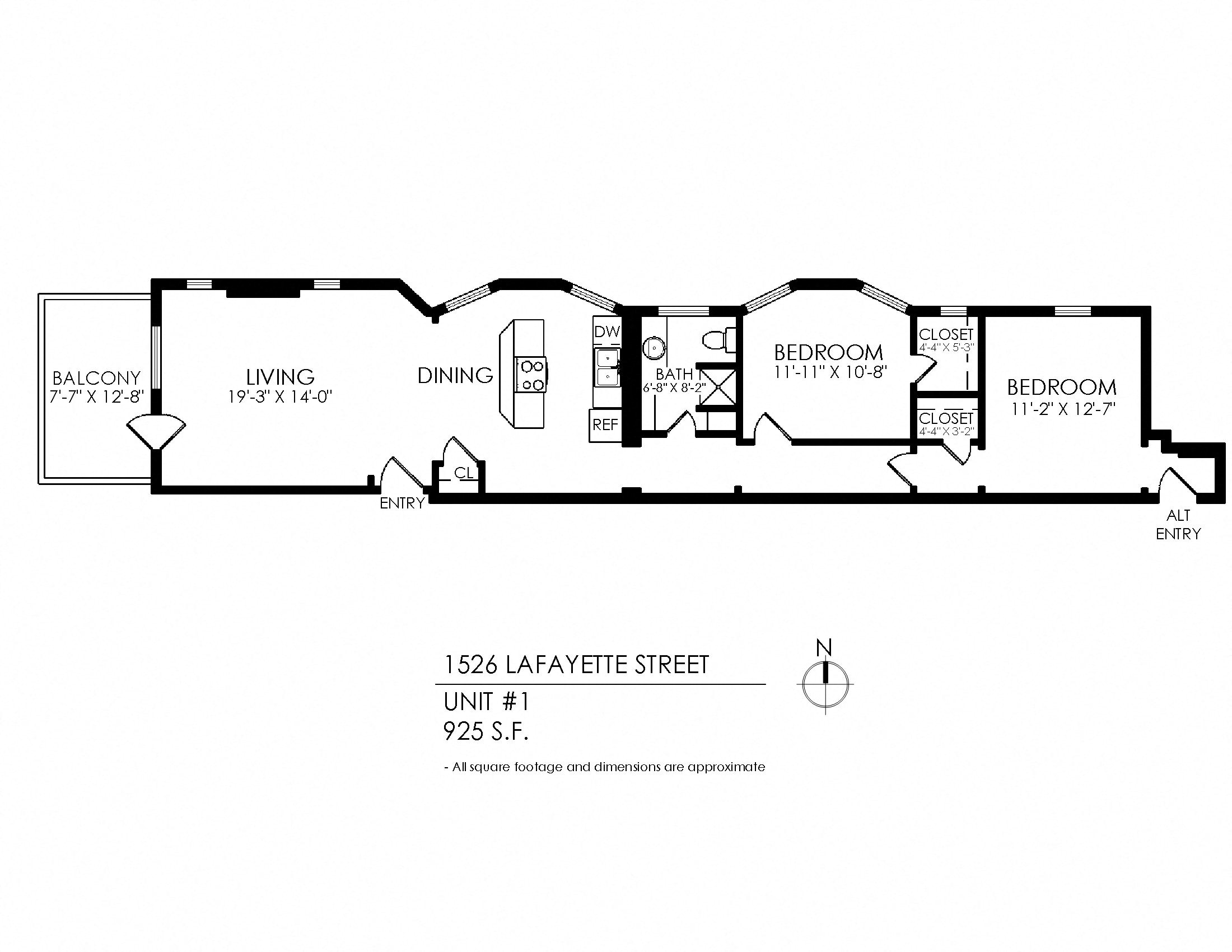 Floor plan for 2 beds, 1 bath, 1115 sqft